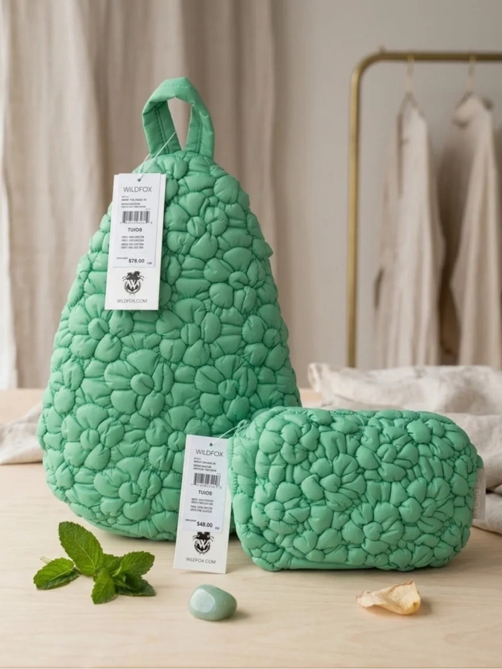 Wildfox Quilted Floral Tote and Fanny pack Set- light green (mint)